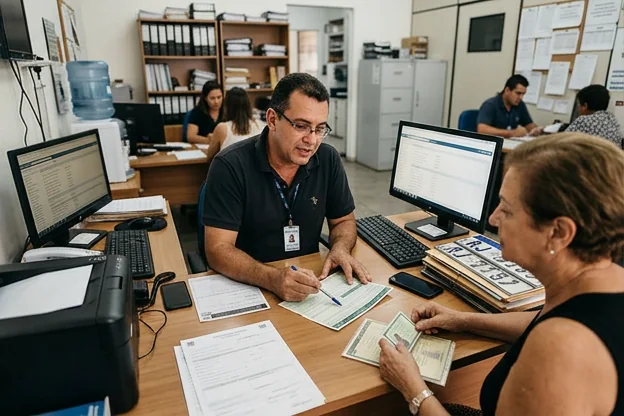 Despachante mostrando o procedimento para solicitar segunda via do CRV a um cliente em Itaguaí.
